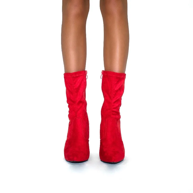 Gracie - Red Faux Suede Pointed Toe Block Heel Ankle Boots