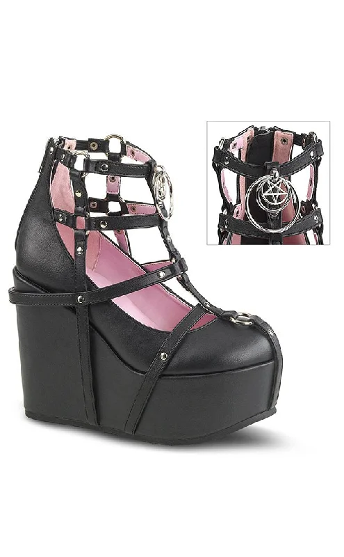 POISON-25-1 Black Vegan Leather Platform Wedges