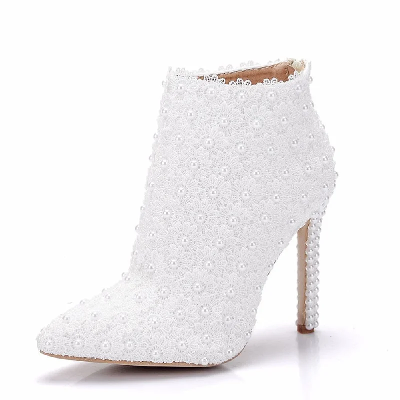 Women Lace Stiletto Heel Pointed Toe Back Zippers Wedding Short Boots