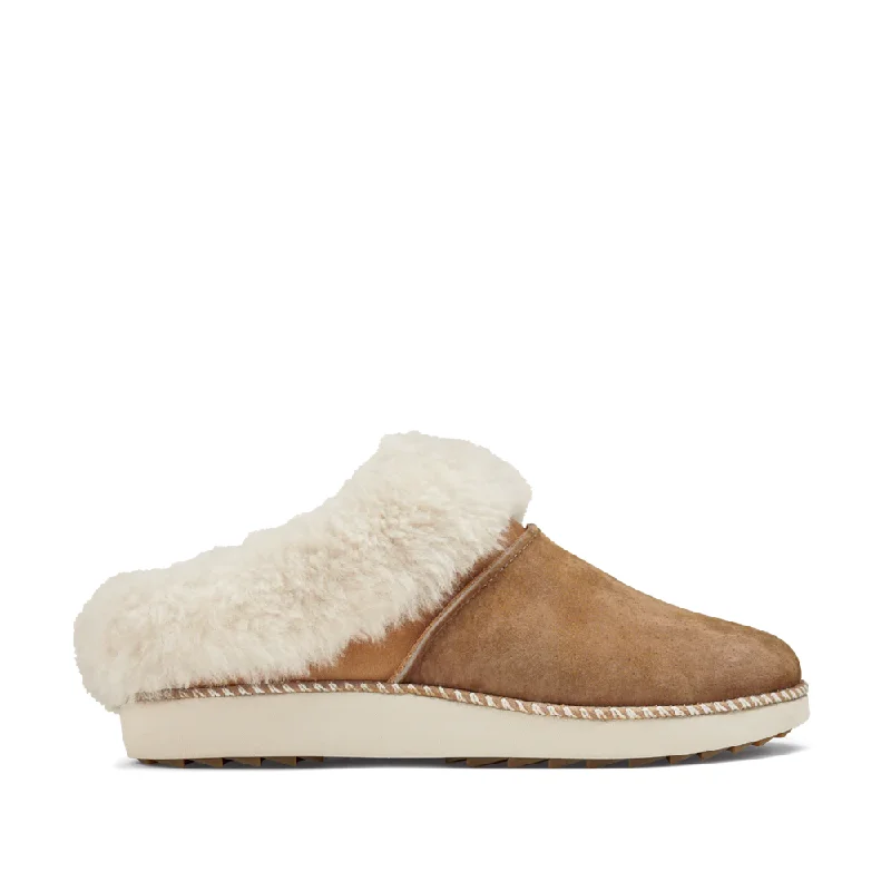 OluKai Women's Ku'i Shearling Lined Slip On Clog Slipper in Tan