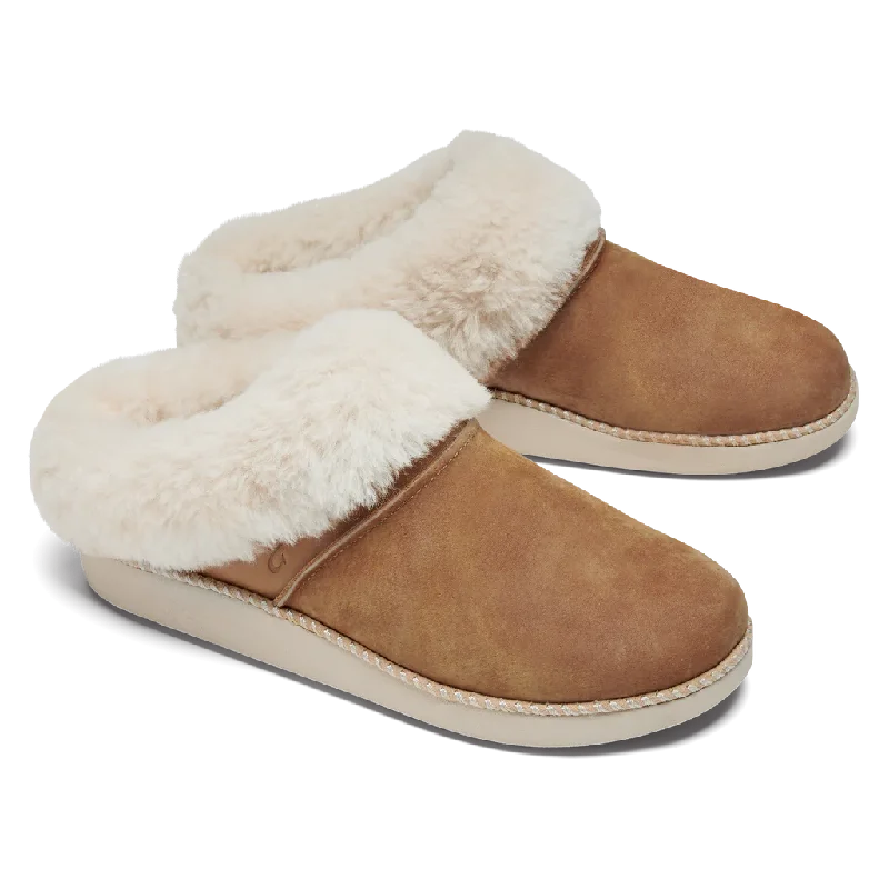 OluKai Women's Ku'i Shearling Lined Slip On Clog Slipper in Tan